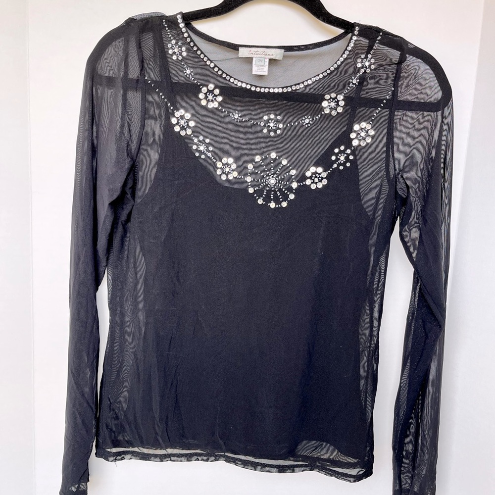 Intuitions Y2K Black Mesh Sheer Long Sleeve Sequins Embellished Overlay Cami Top